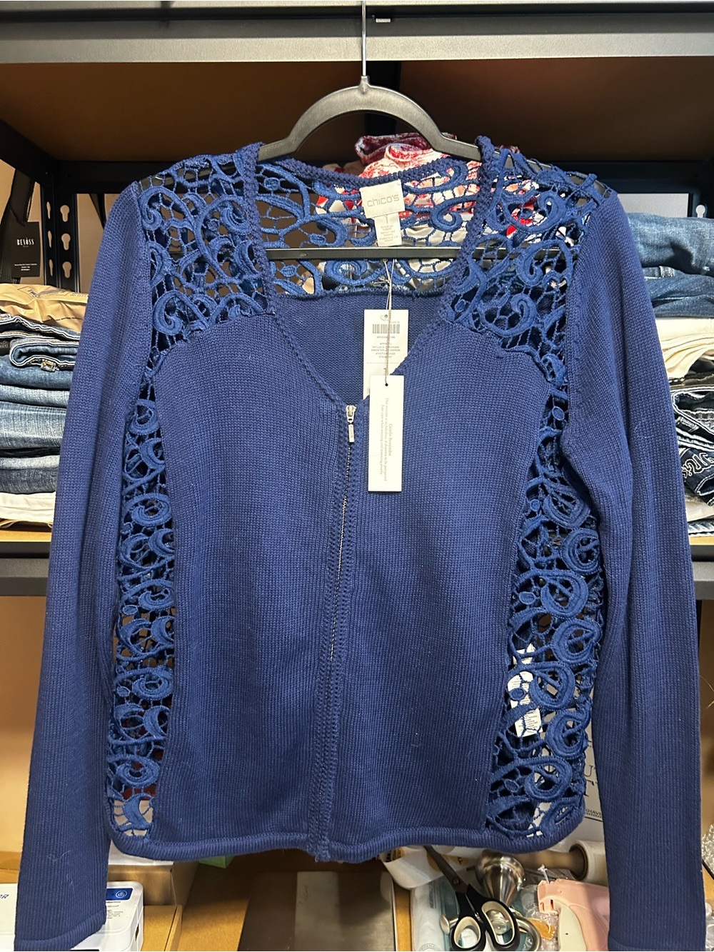 Chicos Ivy Lace Cardigan Sweater Zip Up Kyoto Indigo Blue NWT Size 1 (M/8)